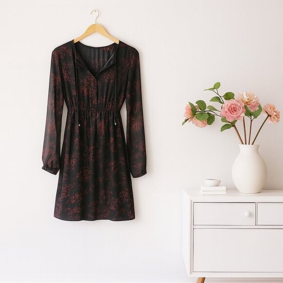 Motherhood Maternity Dress S Red Black Floral Formal Empire Waist Long Sleeve - Picture 1 of 12